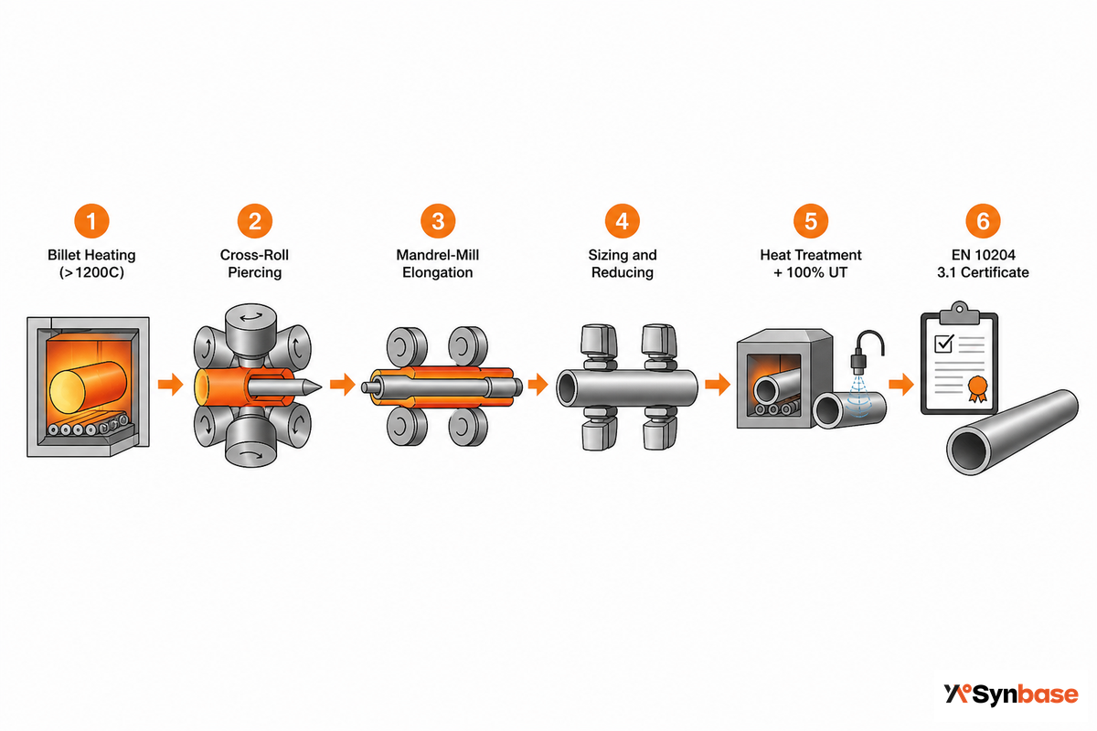 How Seamless Steel Pipe Is Made (Billet → Pierce → Mill → MTC) — Synbase Steel