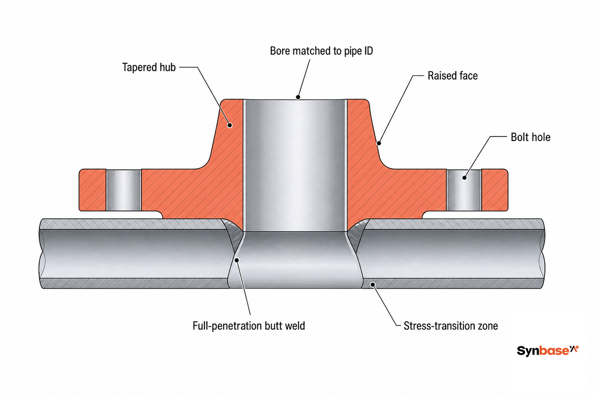 How a Weld Neck Flange Works: Tapered Hub, Bore Matching & Butt Weld — Synbase Steel