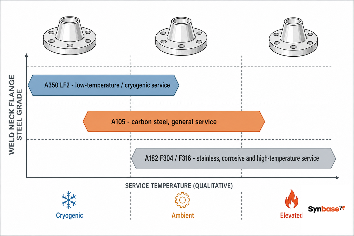 Materials & Grades: Carbon, Stainless & Low-Temp (A105 / A182 / A350) — Synbase Steel