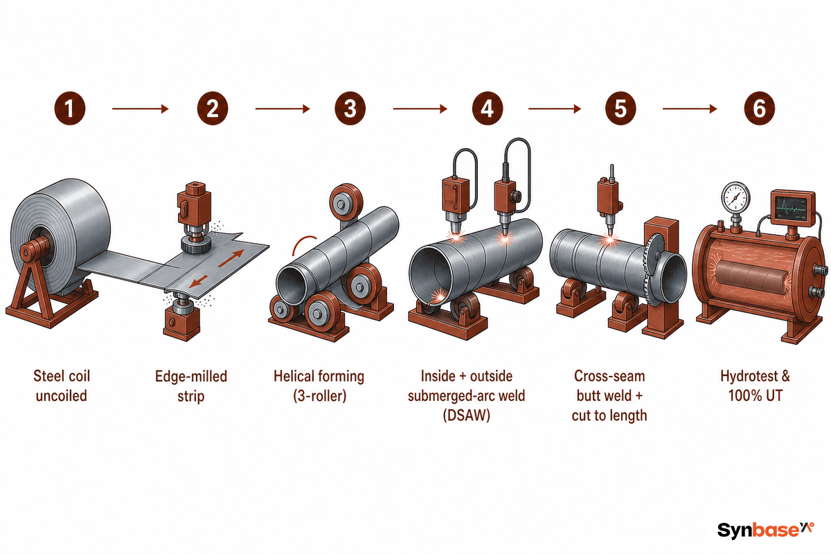 How Spiral Welded Pipe Is Made: The DSAW Process, Step by Step — Synbase Steel
