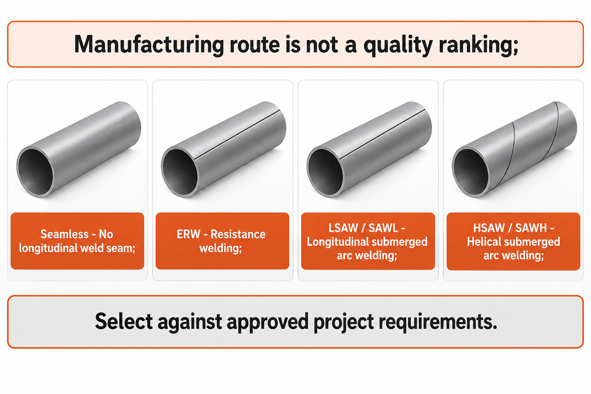 Seamless has no longitudinal weld; ERW and LSAW use axial seams, while HSAW has a helical seam