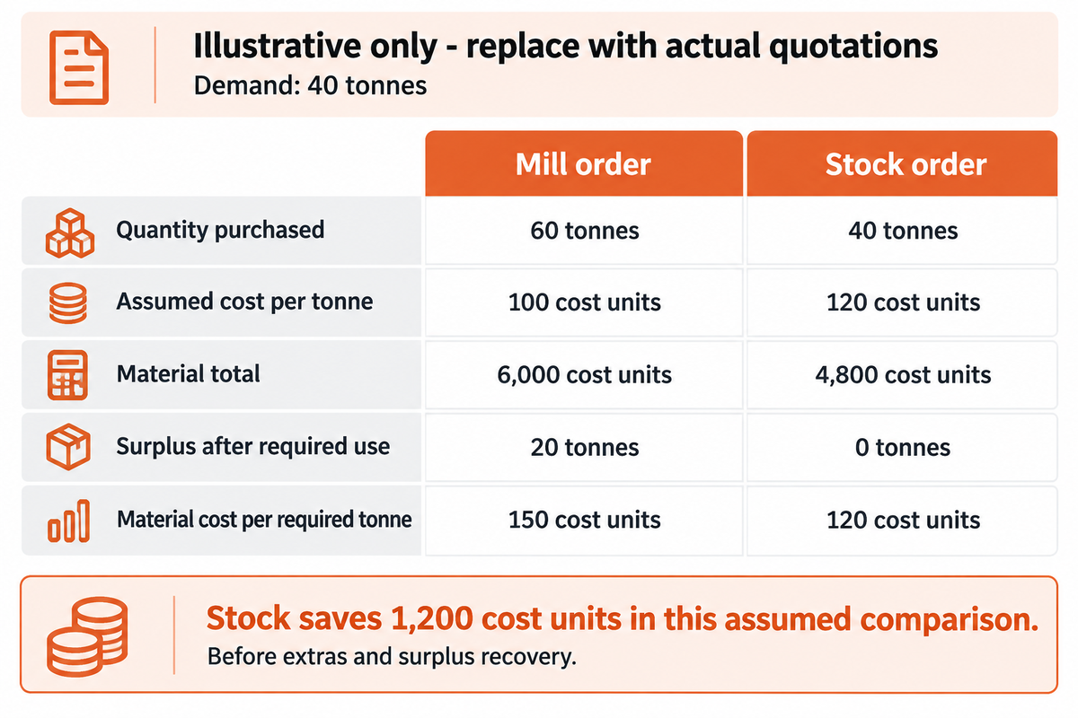 Hypothetical 40-tonne demand: mill material total 6,000 cost units versus stock 4,800, before extras or recovery