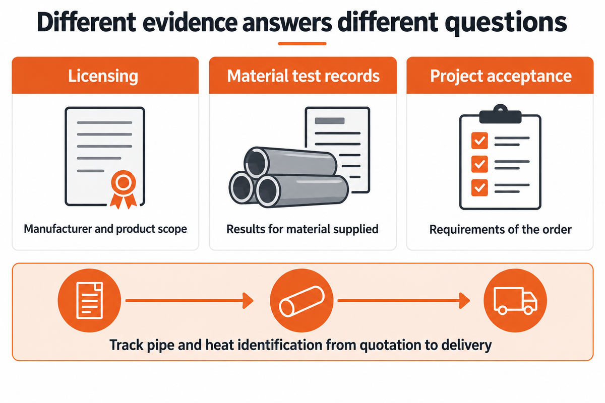 Licensing covers manufacturer and scope; test records identify material results; acceptance checks the order