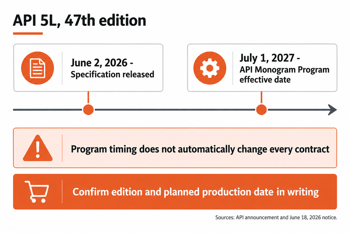 API 5L 47th edition released June 2, 2026; API Monogram Program effective date is July 1, 2027