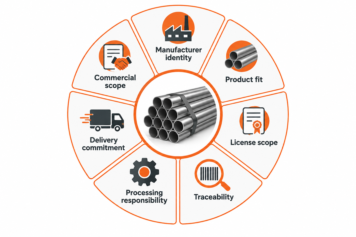 Seven checks connect manufacturer identity to the actual purchase order.
