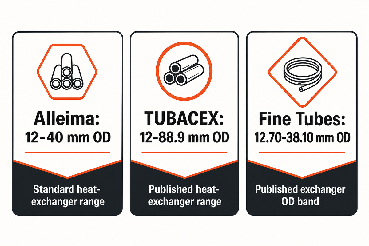 Three published exchanger OD ranges illustrate why dimensional scope matters in an alloy-tube shortlist.