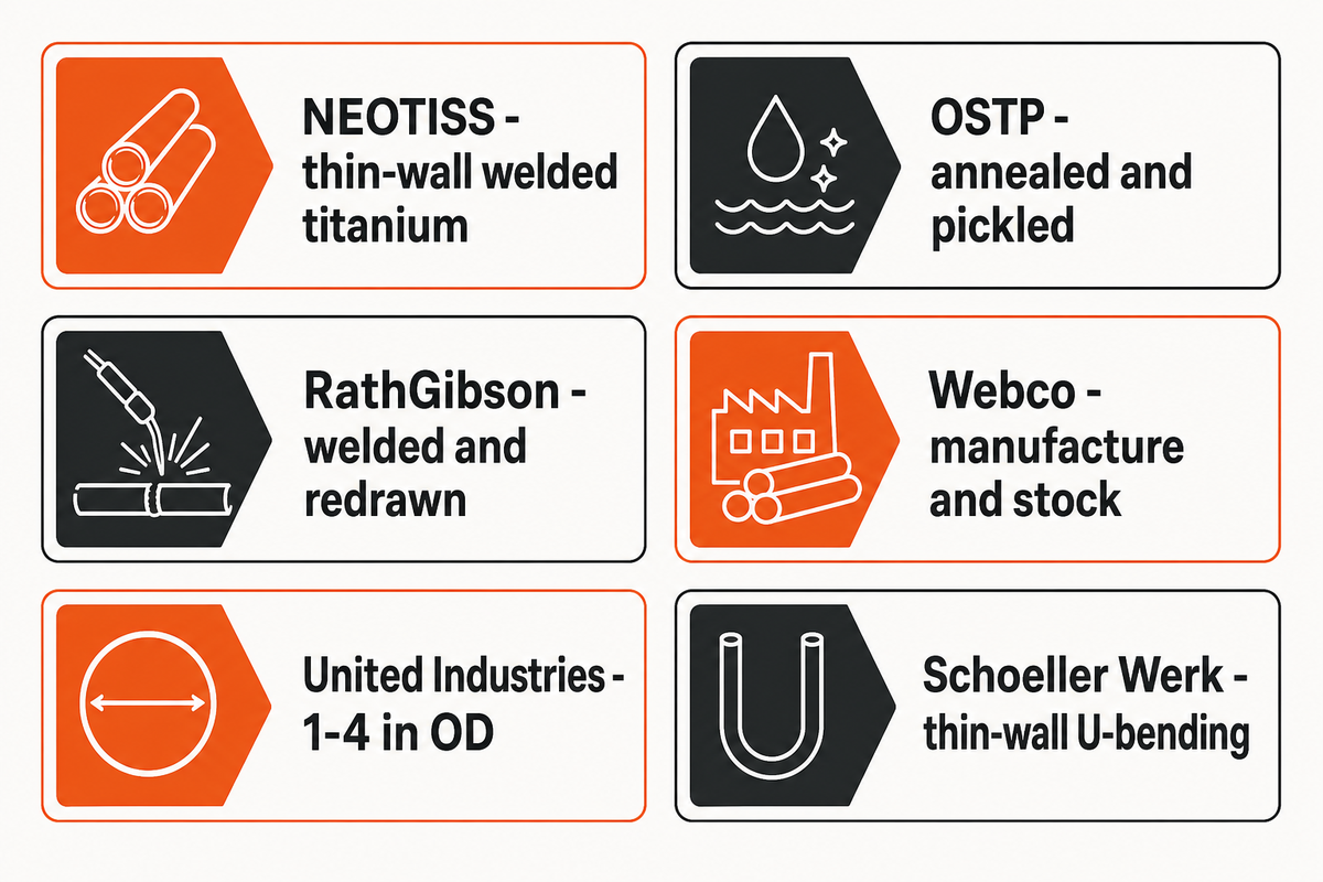 Welded-tube suppliers differ in material, finishing, diameter range and stocked supply.