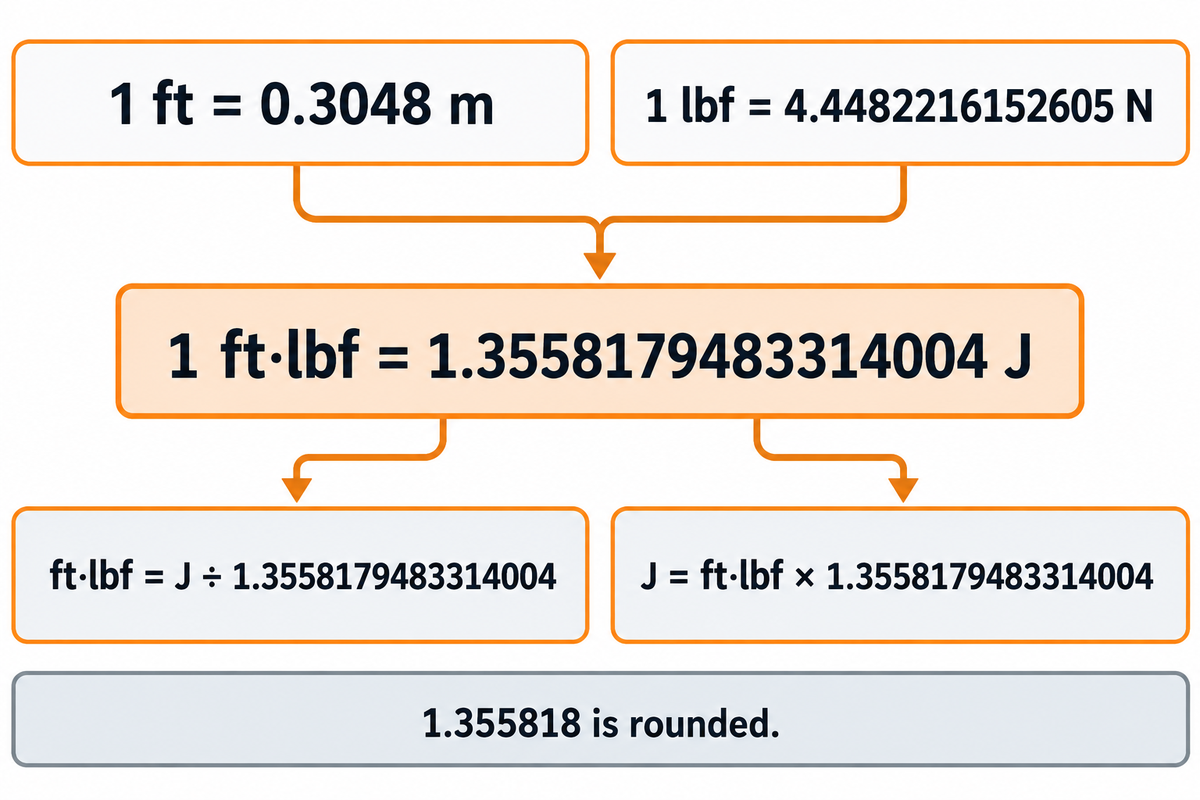 The international foot and conventional pound-force define 1 ft·lbf as 1.3558179483314004 J (NIST).
