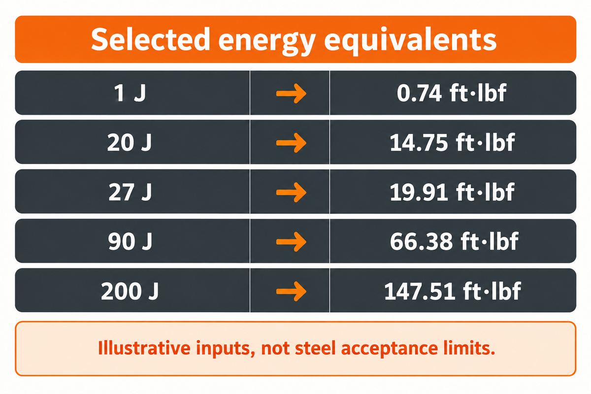 Selected NIST-factor conversions include 27 J = 19.91 ft·lbf and 90 J = 66.38 ft·lbf, rounded for display.