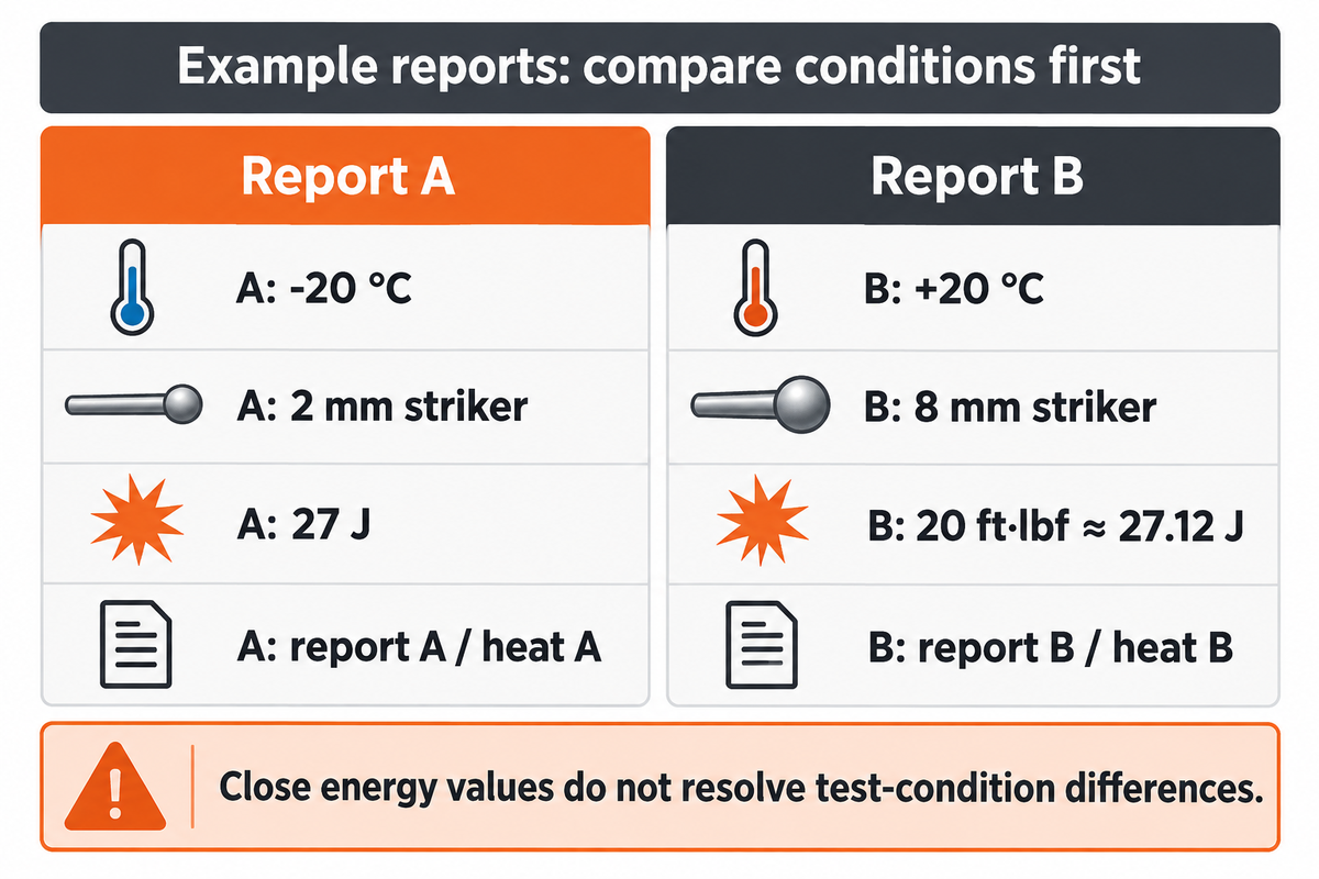Example reports differ at −20/+20 °C and 2/8 mm strikers; unit conversion does not resolve those conditions (NIST).