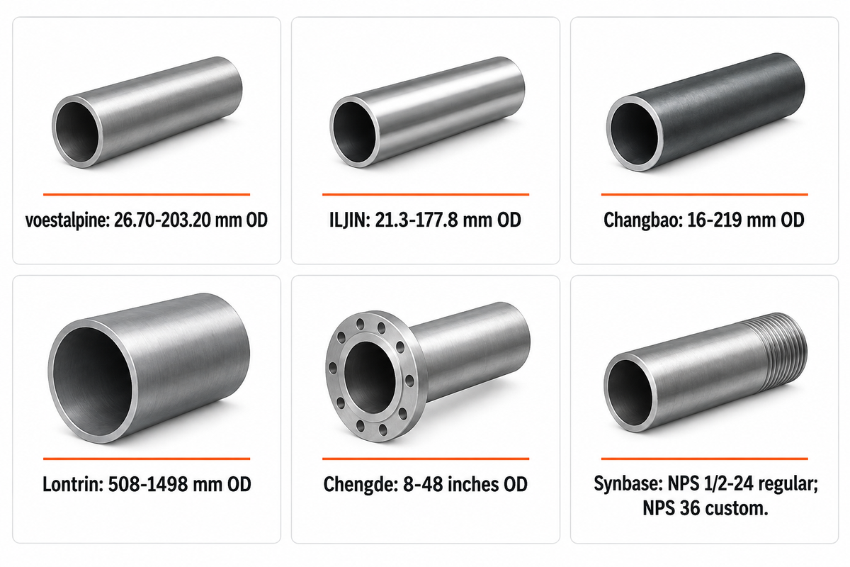 Selected published pipe ranges differ sharply; each figure retains its manufacturer's product scope.