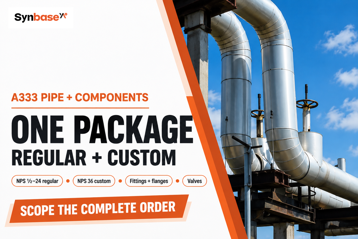 Synbase combines A333 pipe with fittings, flanges and valves; regular and custom sizes differ.