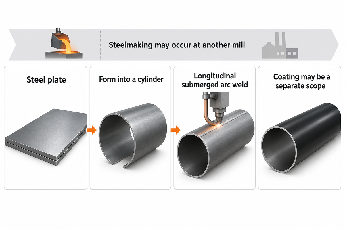 An LSAW mill forms plate and welds a longitudinal seam; steelmaking and coating can be separate (JFE catalogue).