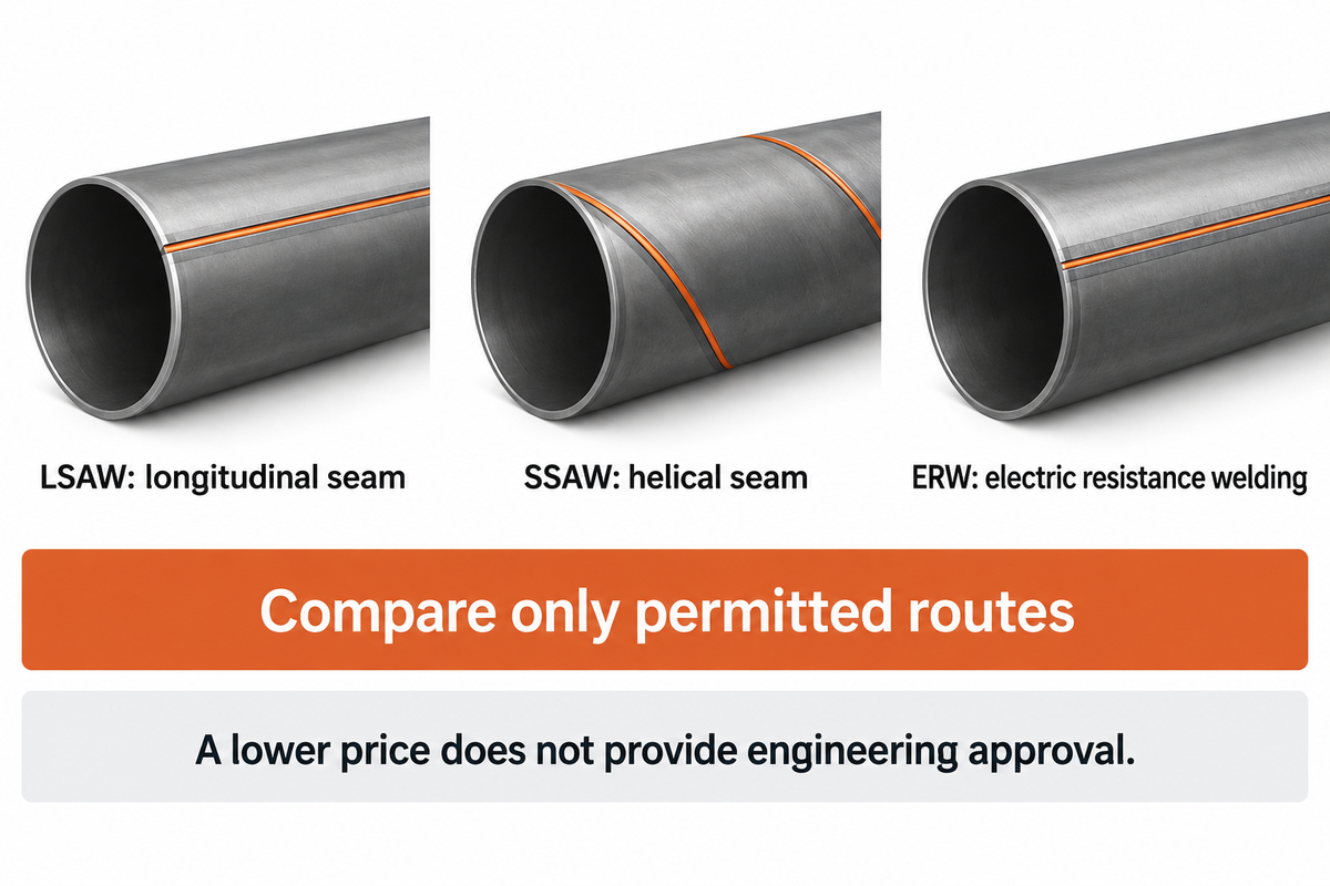 LSAW has a longitudinal seam, SSAW a helical seam; ERW is resistance welded. Alternatives need project approval.