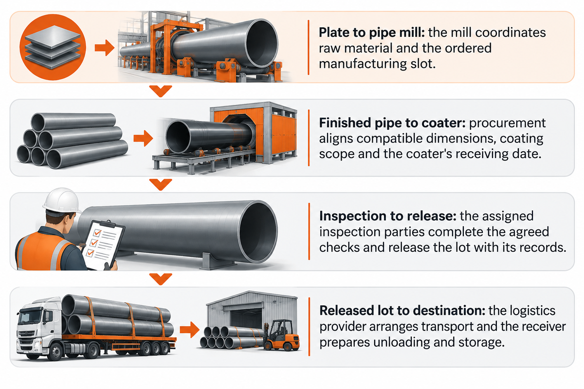 Four handoffs connect plate, pipe, coating, inspection release and delivery; each needs an owner and date.