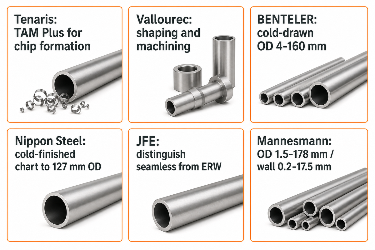 As linhas oficiais incluem DE de 4-160 mm para tubos trefilados a frio da BENTELER e de 1,5-178 mm para a Mannesmann; confirme o grau e a espessura de parede.