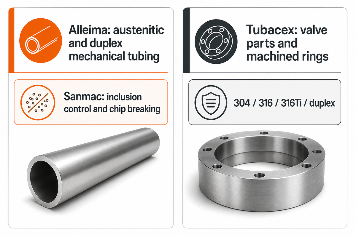 Material Sanmac da Alleima para usinagem e aplicações da Tubacex com válvulas e anéis de aço inoxidável.