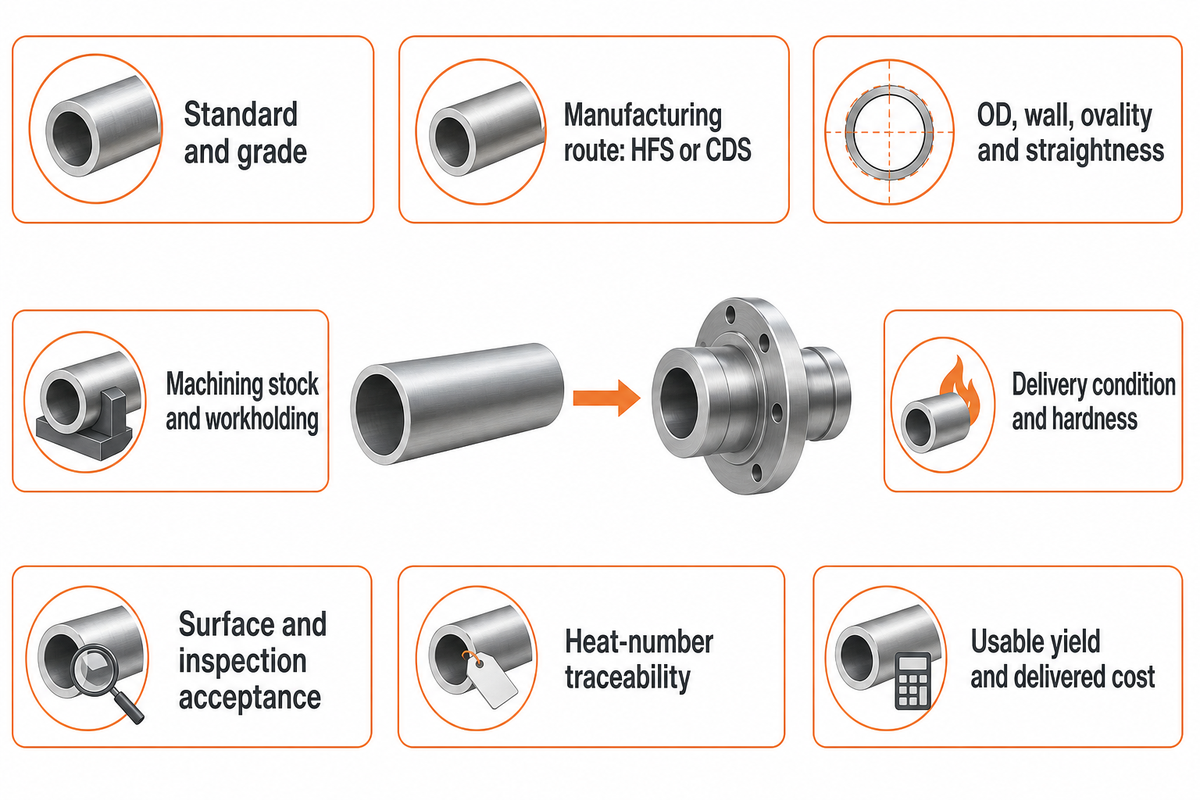 Oito verificações de compra, desde a especificação do tubo até o material aproveitável na peça acabada.