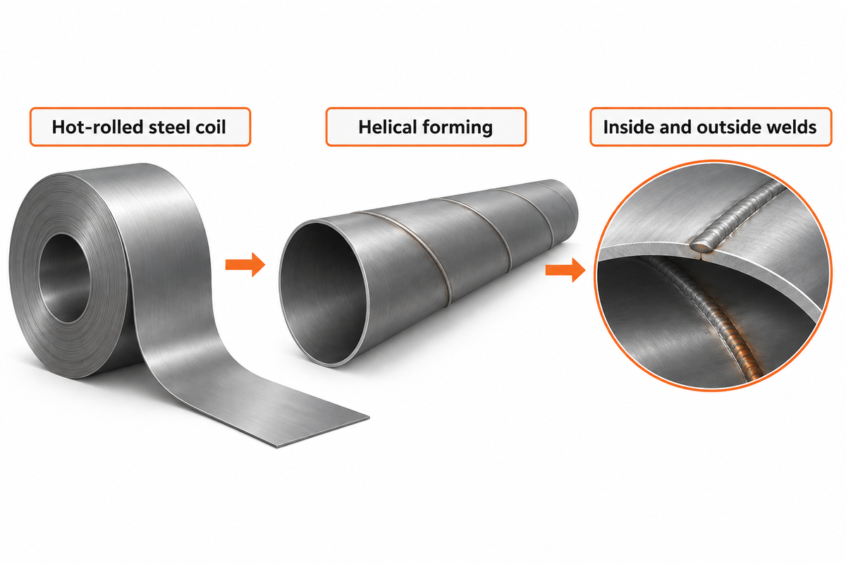 SSAW forms steel coil into a helical cylinder and joins the seam by submerged arc welding (SMS Group).