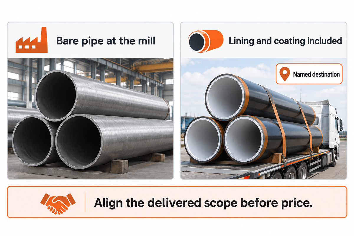 Bare mill pipe and coated, lined destination delivery are different price scopes (Trade.gov).
