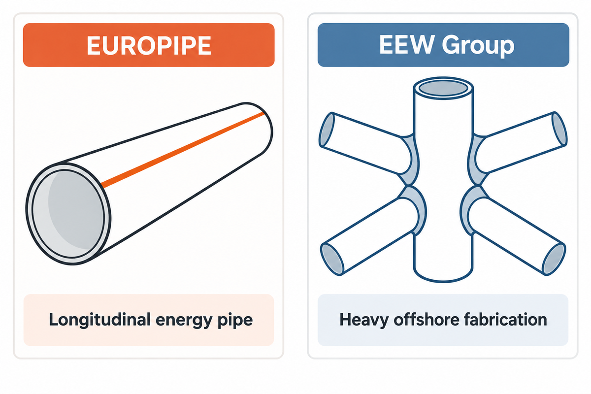 EUROPIPE's energy line pipe and EEW's heavy offshore fabrication serve different order scopes, per company profiles.
