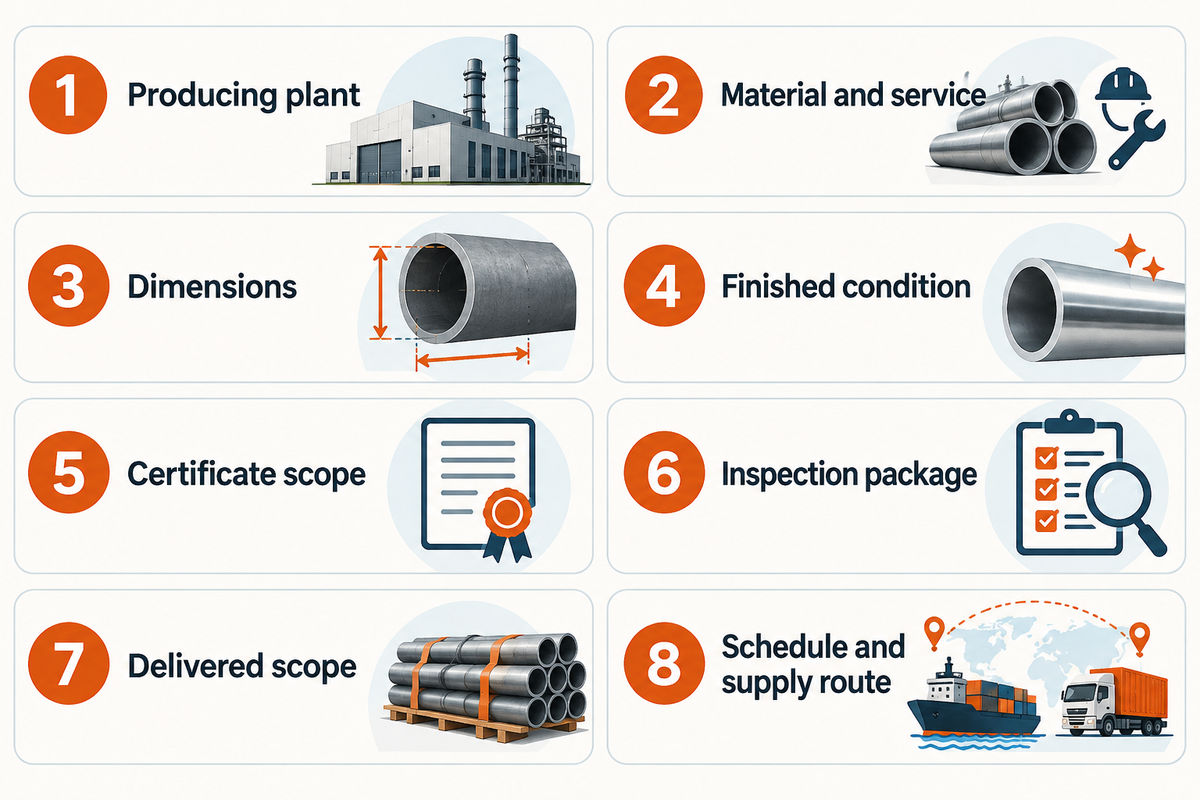 Eight buying checks cover plant, material, dimensions, finish, certificates, inspection, delivered scope and schedule.